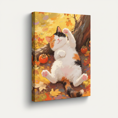 Cozy chubby cat autumn stretched canvas print – unframed kawaii illustration with fat white cat belly-up among fall leaves and harvest tones by Aurewall