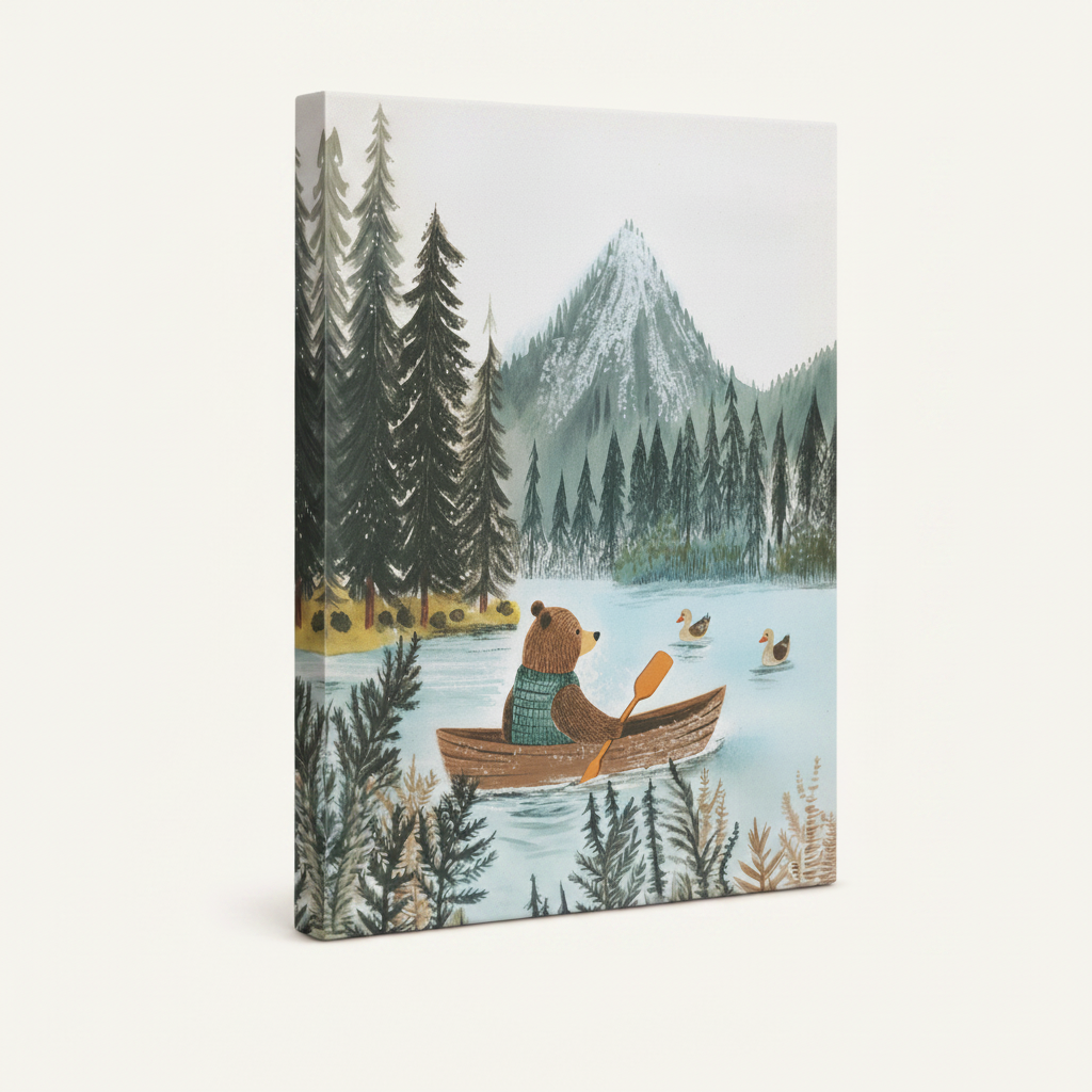Stretched canvas of bear in green sweater rowing on mountain lake with pine trees and ducks