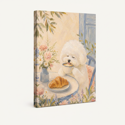 Stretched canvas Bichon Frise cafe illustration mockup on neutral off-white background