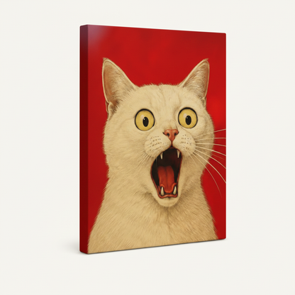 Gallery wrapped canvas of shocked white cat close-up, solid red painted sides, angled product view on off-white background