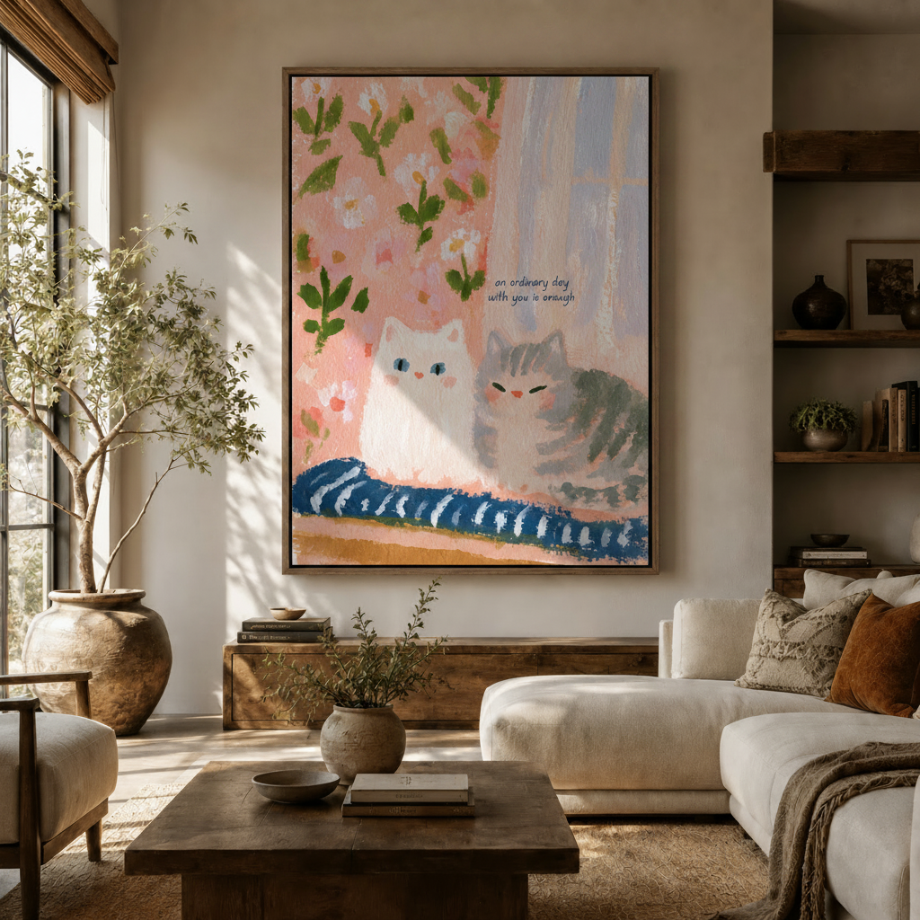 Large cute cat canvas art hanging above console in warm modern living room
