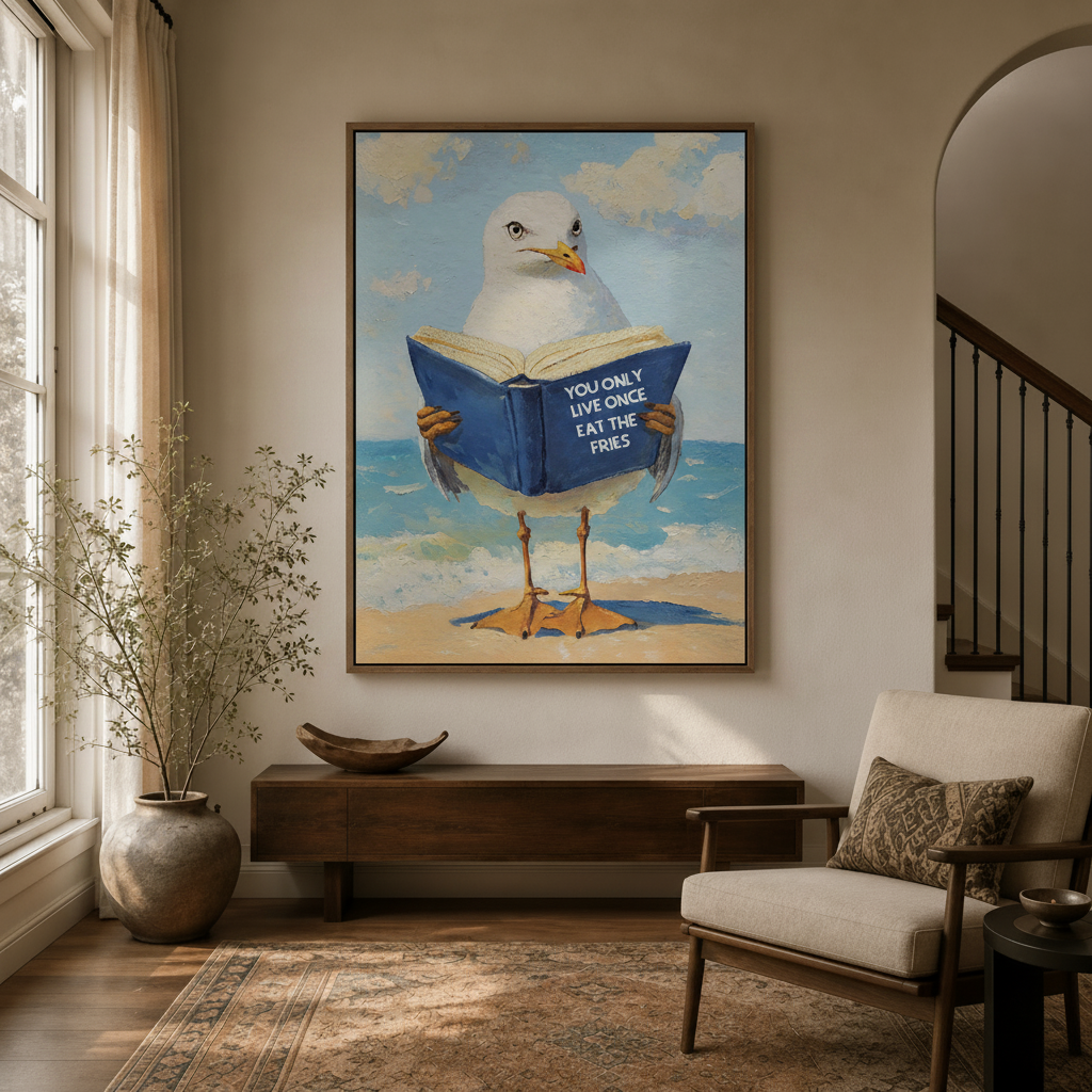 Humorous seagull wall art displayed in entryway hallway with warm neutral decor