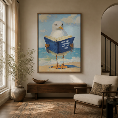 Humorous seagull wall art displayed in entryway hallway with warm neutral decor