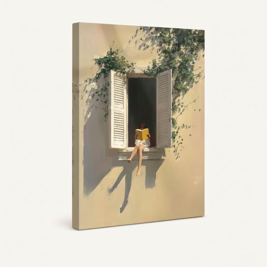 Stretched canvas of girl reading yellow book on French window sill, warm vintage oil painting style
