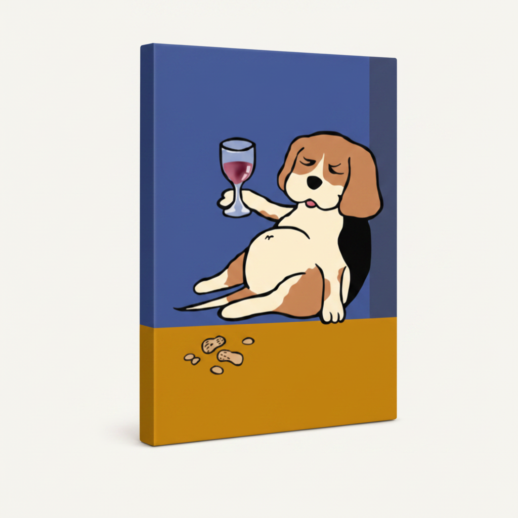 Gallery wrap canvas print of a lazy beagle with wine glass, shown at angle on white background