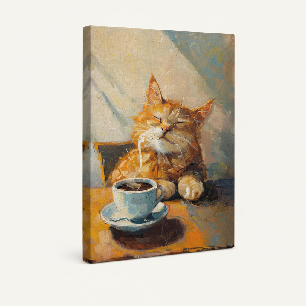 Gallery wrap canvas of orange cat coffee painting shown at angle on clean off-white background