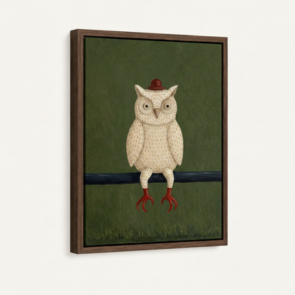 Owl in bowler hat framed canvas in dark walnut float frame at 3/4 angle on white background