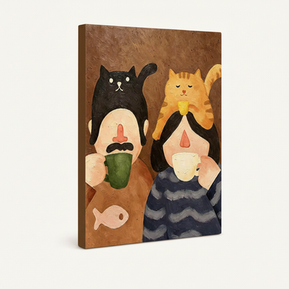 Gallery wrapped canvas of couple and cats painting, warm brown painted sides, angled product view on off-white background