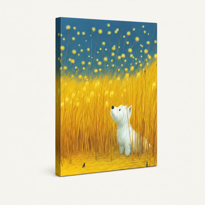Stretched canvas Westie dog golden field illustration mockup at 3/4 angle on white background