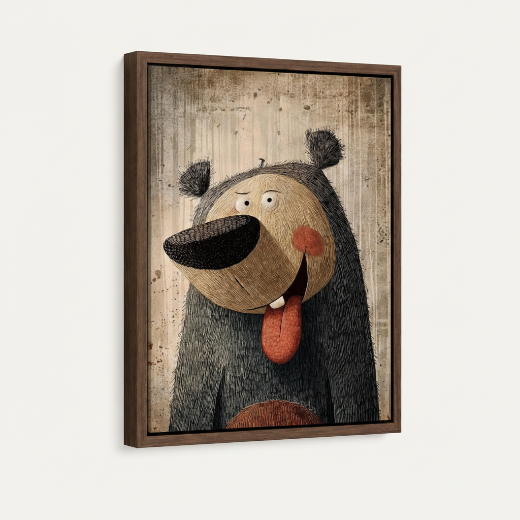 Framed bear canvas art in dark walnut float frame angled product view on white background