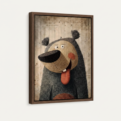 Framed bear canvas art in dark walnut float frame angled product view on white background