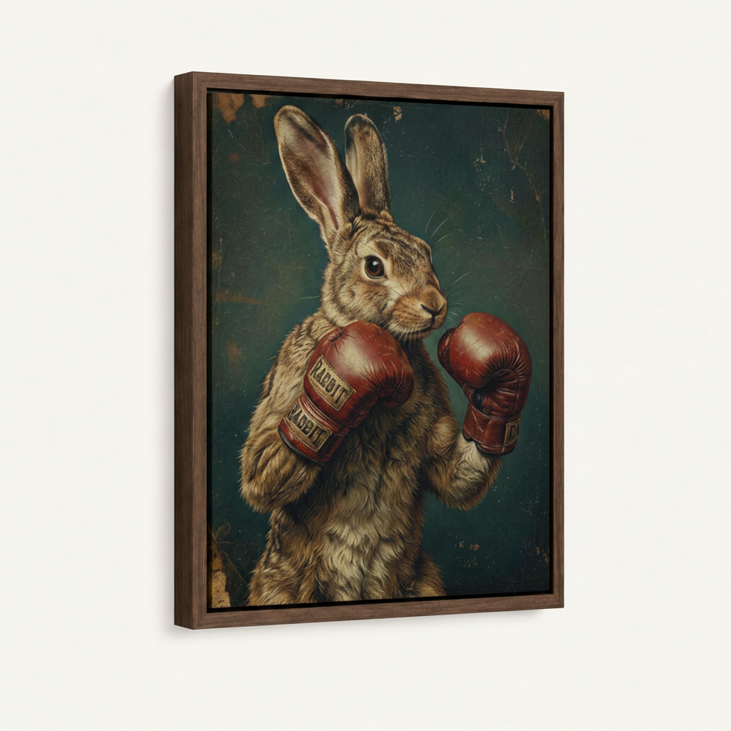 Boxing rabbit vintage canvas in dark walnut float frame, white background portrait product mockup