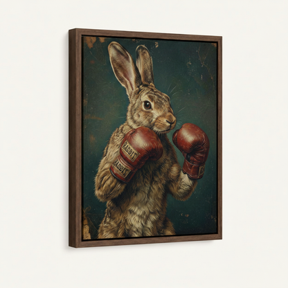 Boxing rabbit vintage canvas in dark walnut float frame, white background portrait product mockup