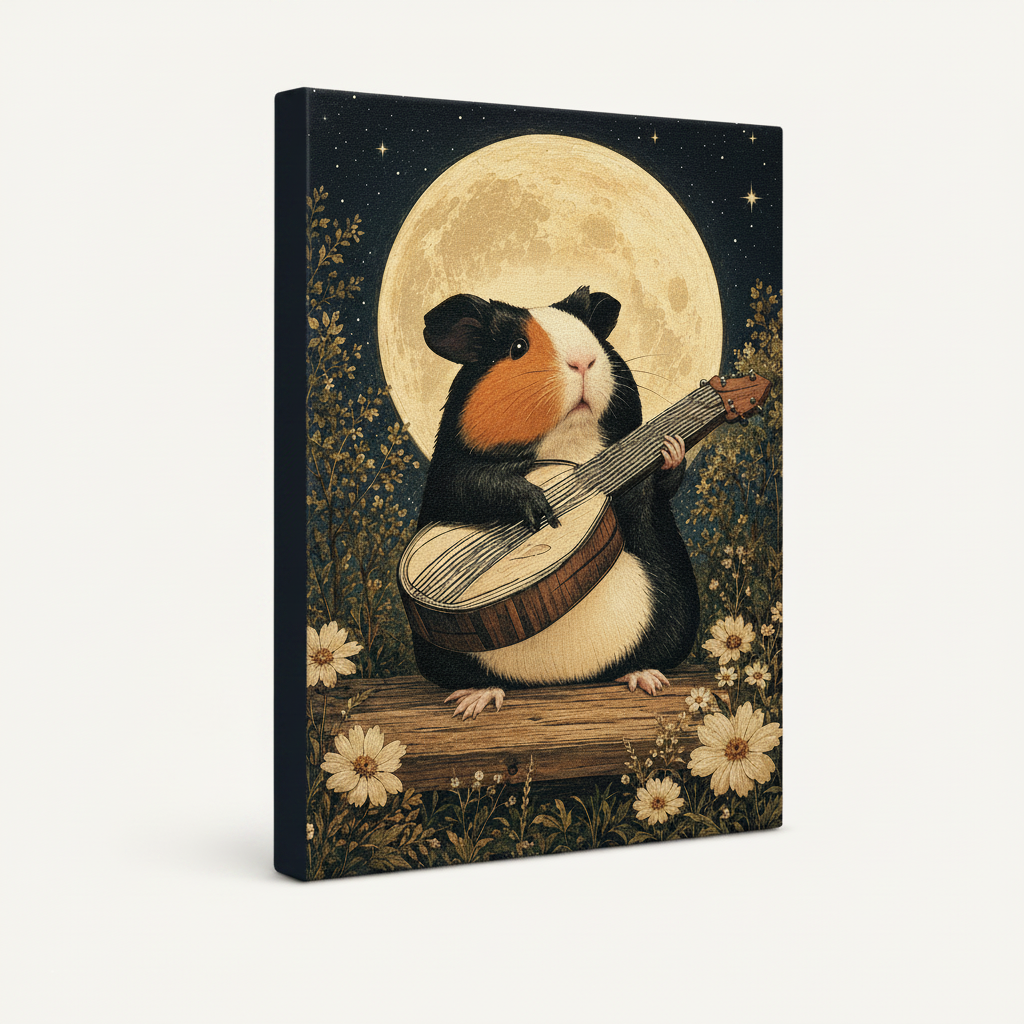 Stretched canvas gallery wrap of guinea pig musician under full moon, side view on white background