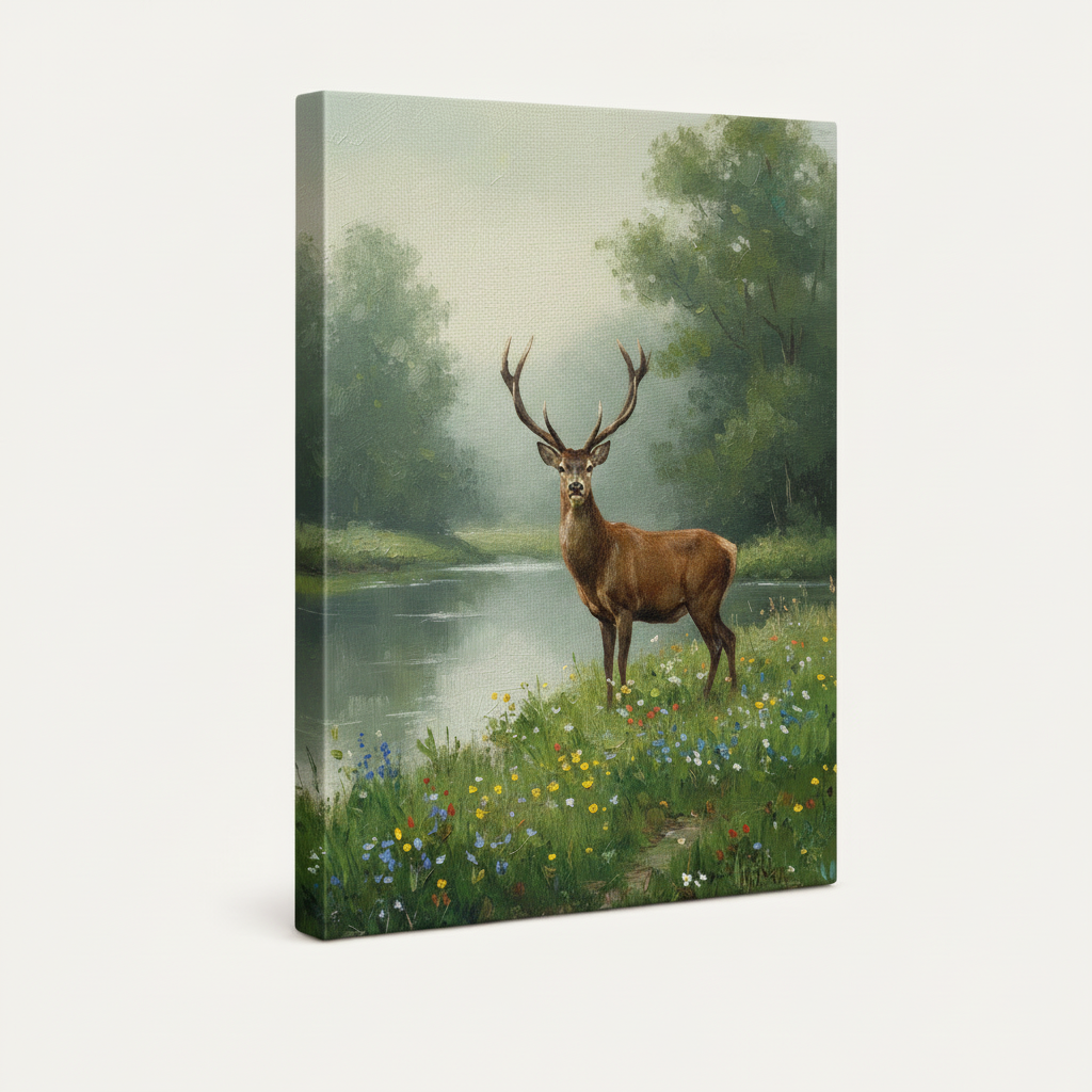 Stretched canvas side view of stag nature painting – misty forest and wildflower meadow art by Aurewall