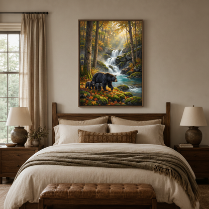 Autumn forest black bear canvas print in bedroom – realistic wildlife oil painting with golden light and waterfall above bed