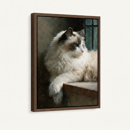 Fluffy Ragdoll cat blue eyes canvas art in dark walnut float frame, angled product view on white background