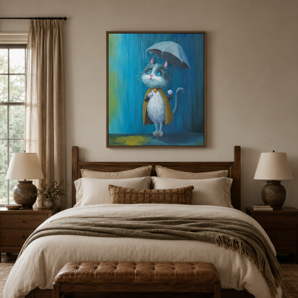Cute rainy day cat whimsical canvas wall art in nursery – oil painting with small blue cat holding umbrella in rain as charming cozy kids room wall accent by Aurewall