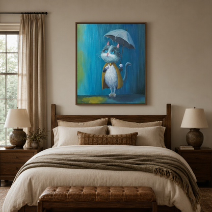 Cute rainy day cat whimsical canvas wall art in nursery – oil painting with small blue cat holding umbrella in rain as charming cozy kids room wall accent by Aurewall