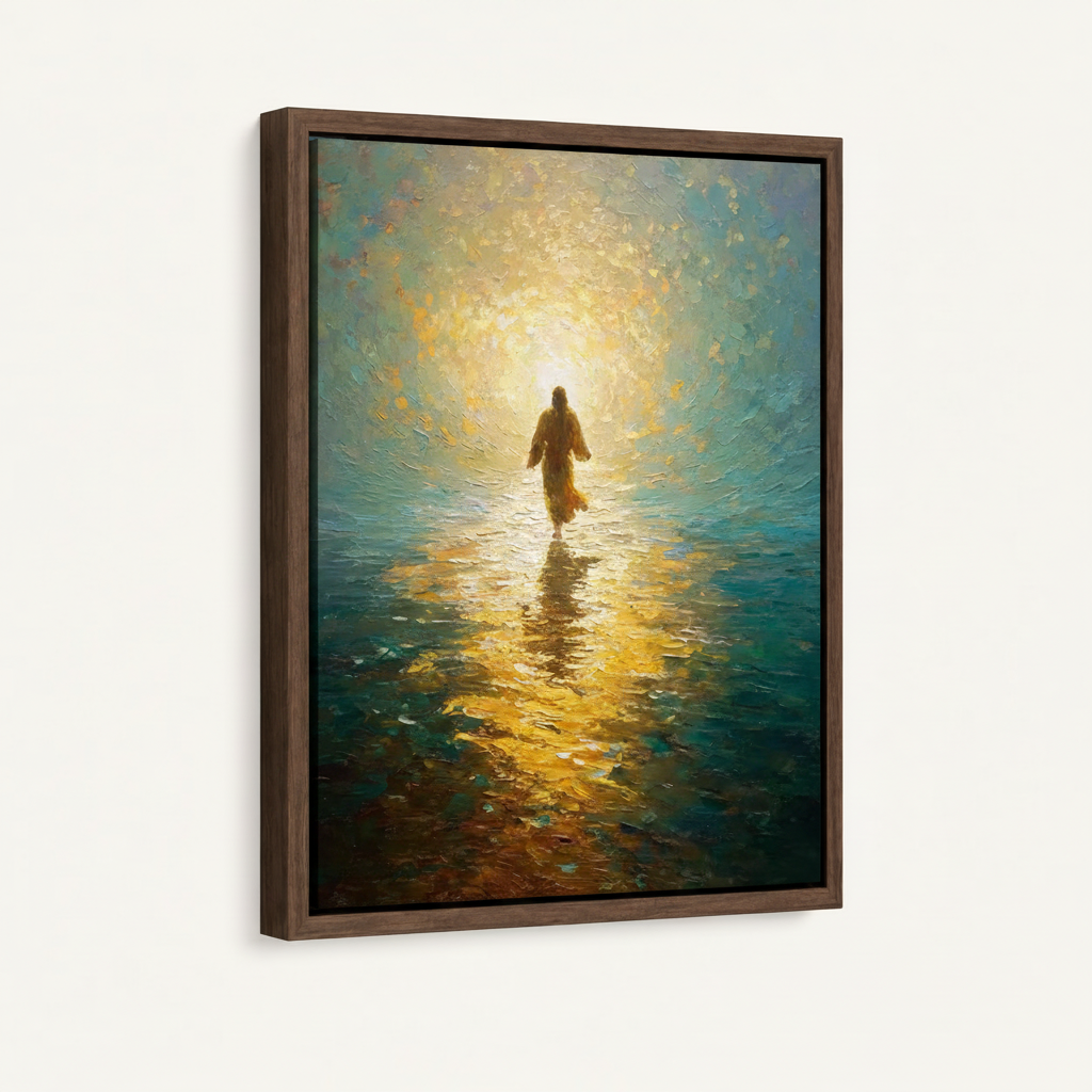 Jesus walking on water canvas in dark walnut floating frame, angled product view on white background