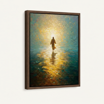 Jesus walking on water canvas in dark walnut floating frame, angled product view on white background