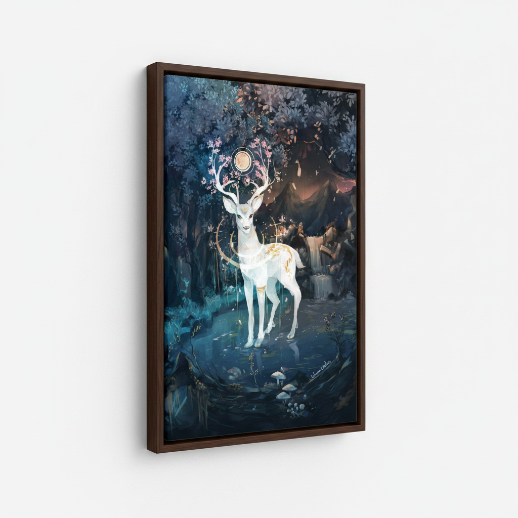 Mystical white stag framed canvas wall art – glowing deer with golden halo in dark enchanted blue forest by Aurewall