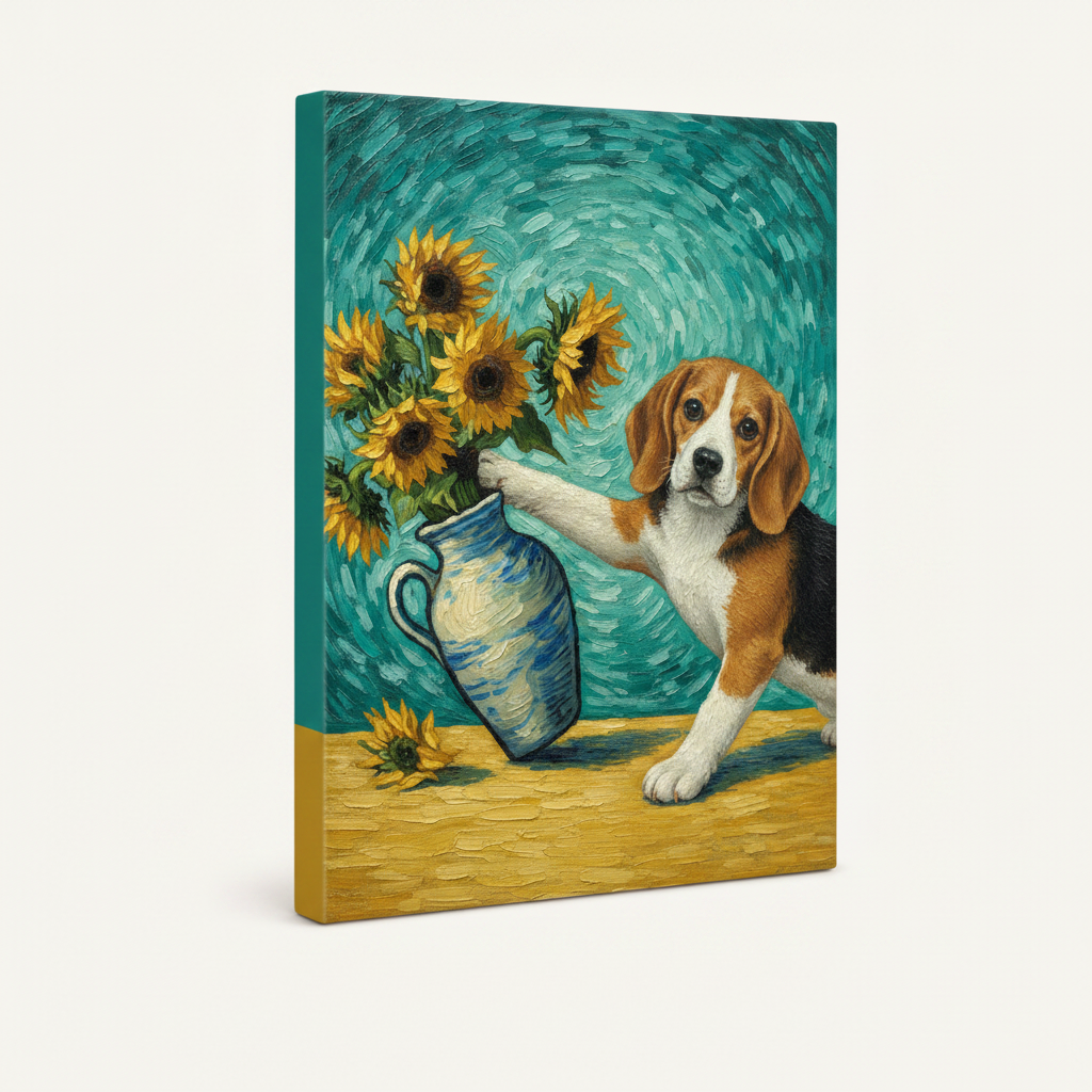 Stretched gallery wrap canvas of mischievous beagle reaching for sunflower vase, side view on white