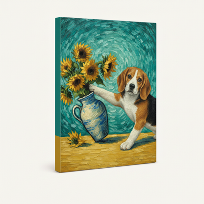 Stretched gallery wrap canvas of mischievous beagle reaching for sunflower vase, side view on white