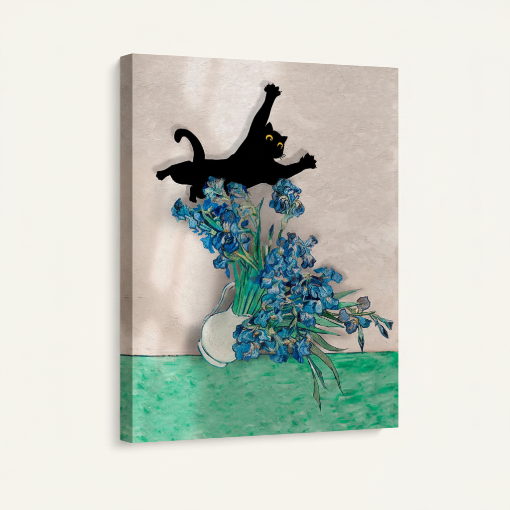 Modern minimalist black cat floral stretched canvas print – unframed illustration with jumping black cat and teal hydrangea blooms by Aurewall
