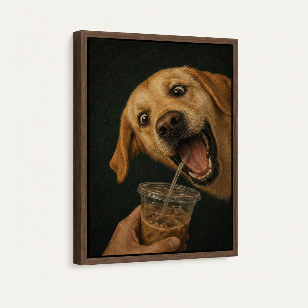 Close-up of framed funny dog canvas showing hyperrealistic detail in dark walnut float frame on white background
