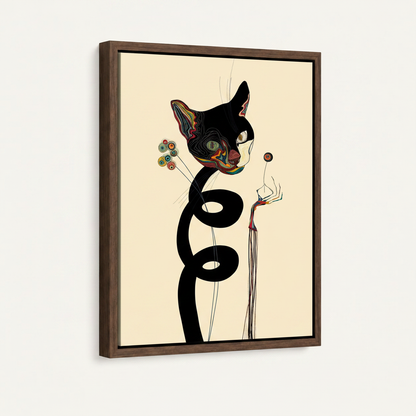 Abstract black cat canvas wall art in dark walnut float frame, angled product view on white background