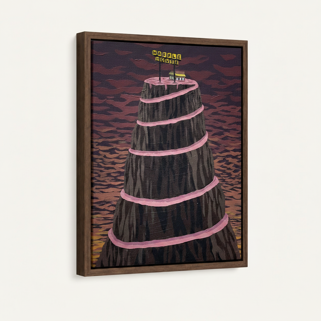 Waffle House mountain folk art in dark walnut float frame, white background product mockup