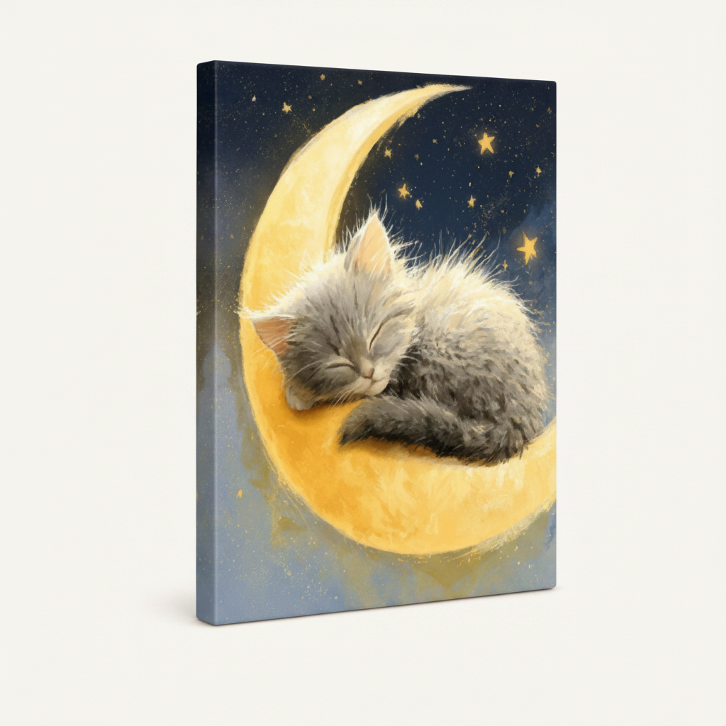 Stretched canvas print of fluffy gray kitten curled on golden moon with navy starry sky