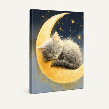 Stretched canvas print of fluffy gray kitten curled on golden moon with navy starry sky