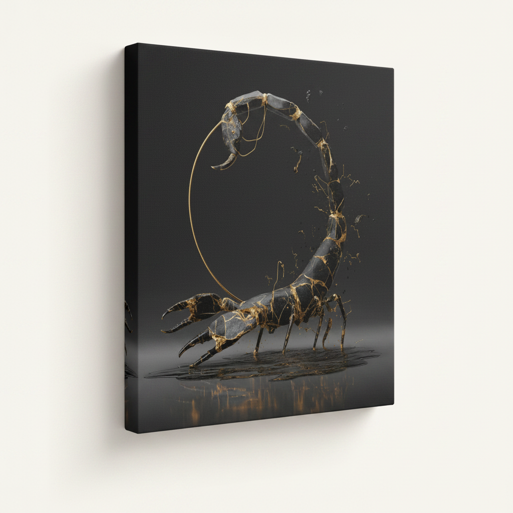 Dark minimalist Scorpio zodiac stretched canvas print – unframed metallic scorpion 3D illustration with cold precise line work on deep black ground by Aurewall