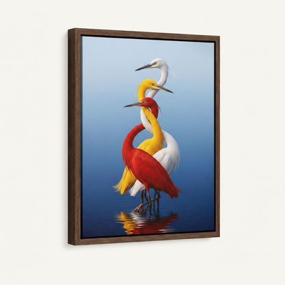 Framed colorful herons oil painting with dark walnut floating frame product display