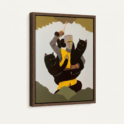 Medieval knight flanked by two black cats in dark walnut floater frame, 3/4 angle on off-white background