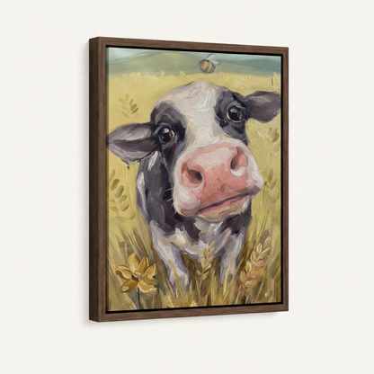Framed canvas cute cow portrait in golden wheat field shown in left-side perspective on white
