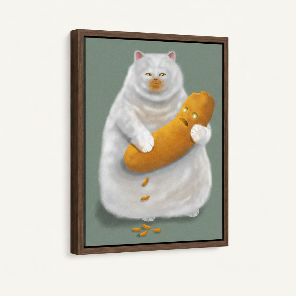 Fat cat hugging sausage canvas in dark walnut float frame, 3/4 angle product view