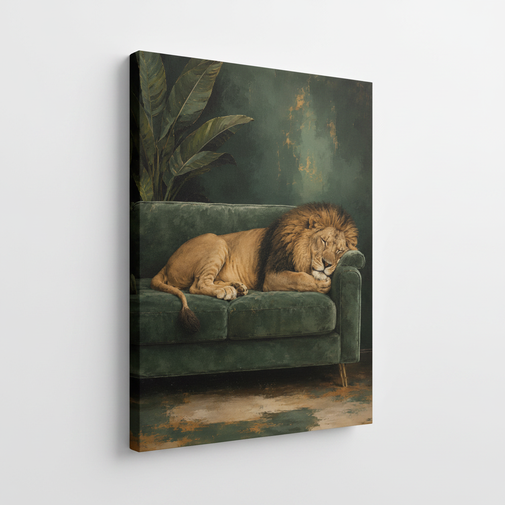 Funny lion sofa stretched canvas print – unframed wildlife oil painting with lion resting on green velvet sofa and tropical plants by Aurewall