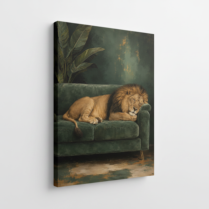 Funny lion sofa stretched canvas print – unframed wildlife oil painting with lion resting on green velvet sofa and tropical plants by Aurewall