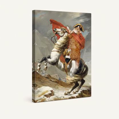 Classical Napoleon crossing Alps stretched canvas print – unframed academic oil painting with Napoleon on white horse in dramatic mountain scene by Aurewall