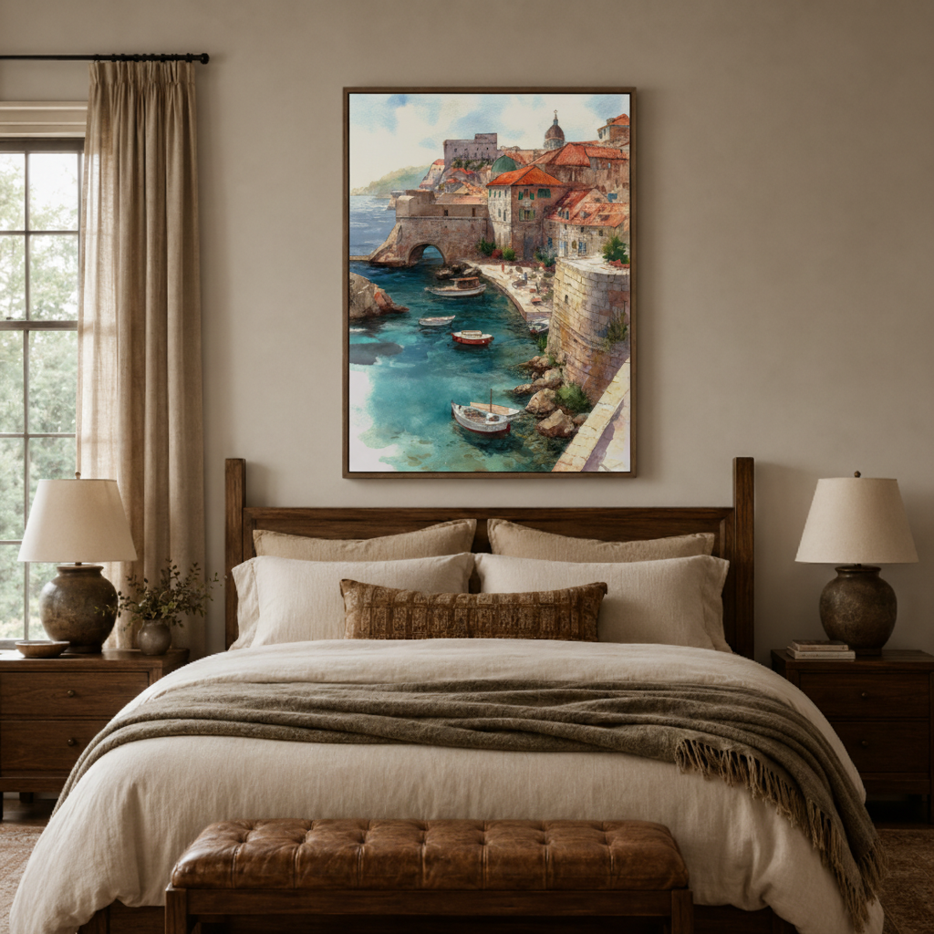Mediterranean harbor canvas wall art bedroom detail – close-up of impressionist oil painting showing boats turquoise water and terracotta rooftop brushwork texture by Aurewall