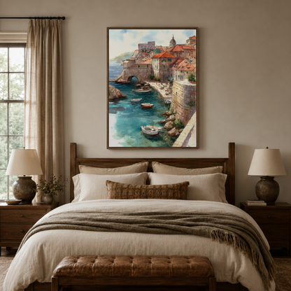 Mediterranean harbor canvas wall art bedroom detail – close-up of impressionist oil painting showing boats turquoise water and terracotta rooftop brushwork texture by Aurewall