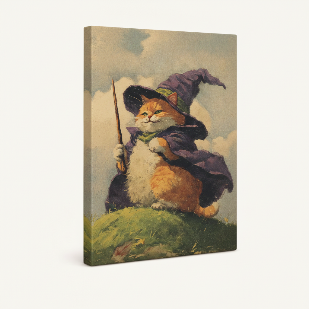 Stretched canvas cat wizard oil painting mockup shown at 3/4 angle on neutral background