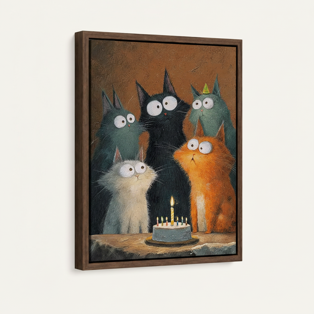 Close-up of framed funny cat canvas showing thick impasto texture and dark walnut float frame on white background