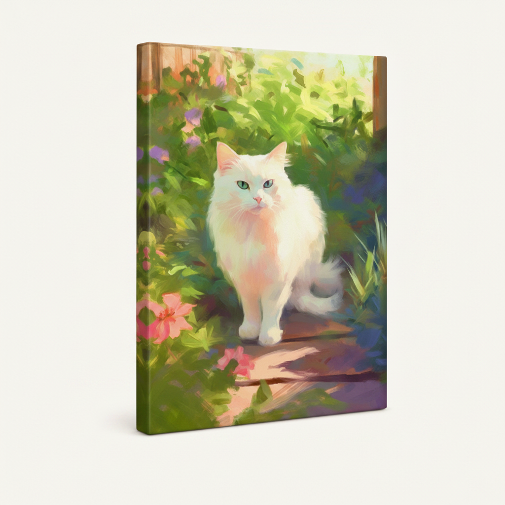 Stretched canvas print of white cat on sunlit garden path with pink and purple flowers