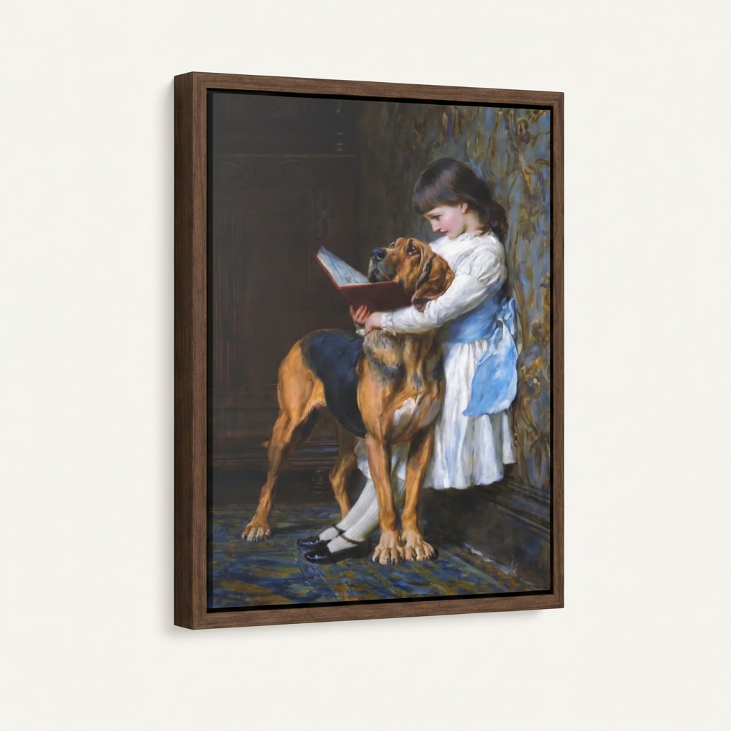 Framed Victorian canvas art in dark walnut float frame angled product view on white background