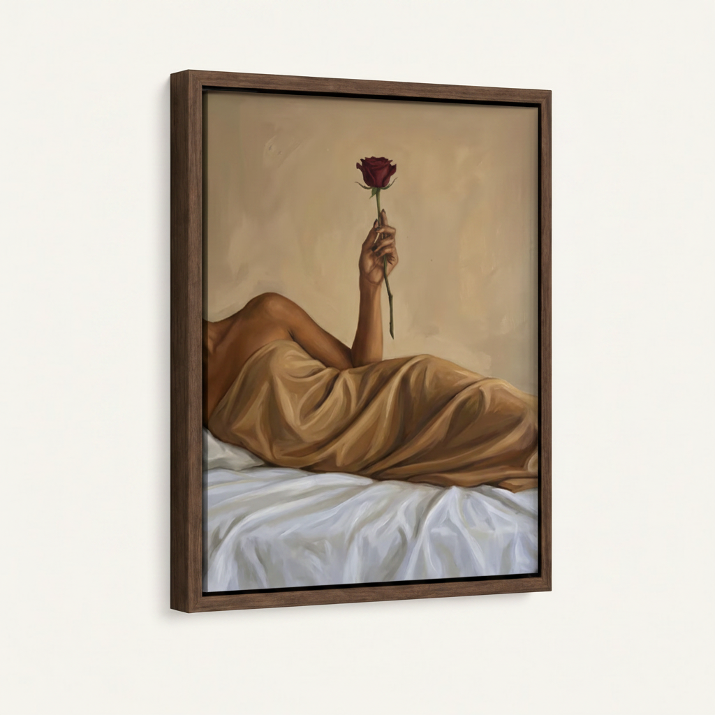 Woman with rose oil painting in dark walnut floating frame, angled product view on white background