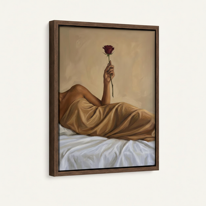 Woman with rose oil painting in dark walnut floating frame, angled product view on white background